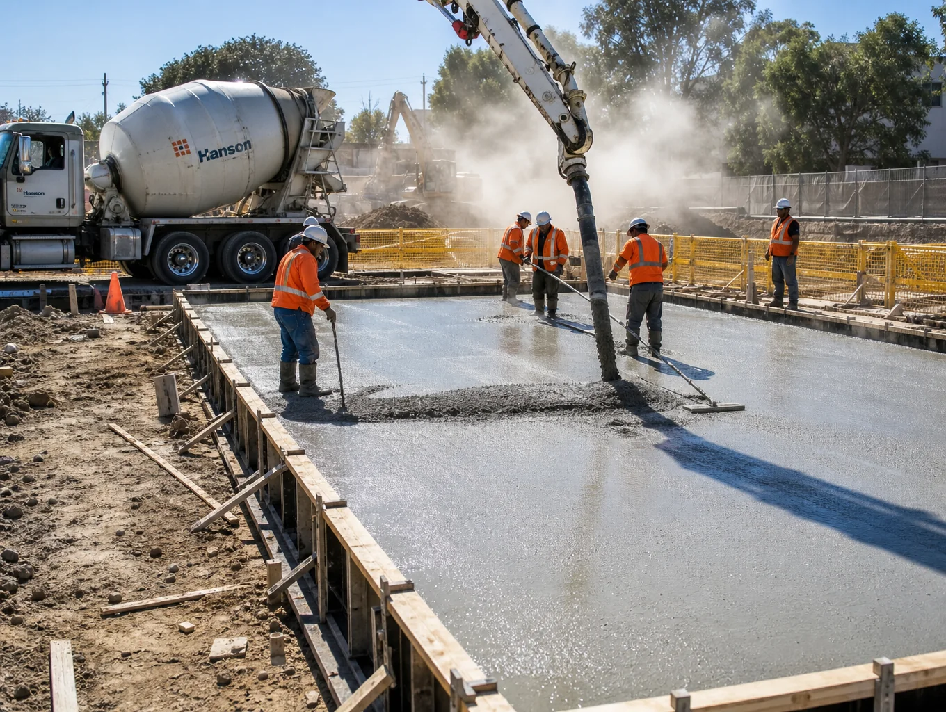 Professional concrete crew pouring a residential foundation slab with precision