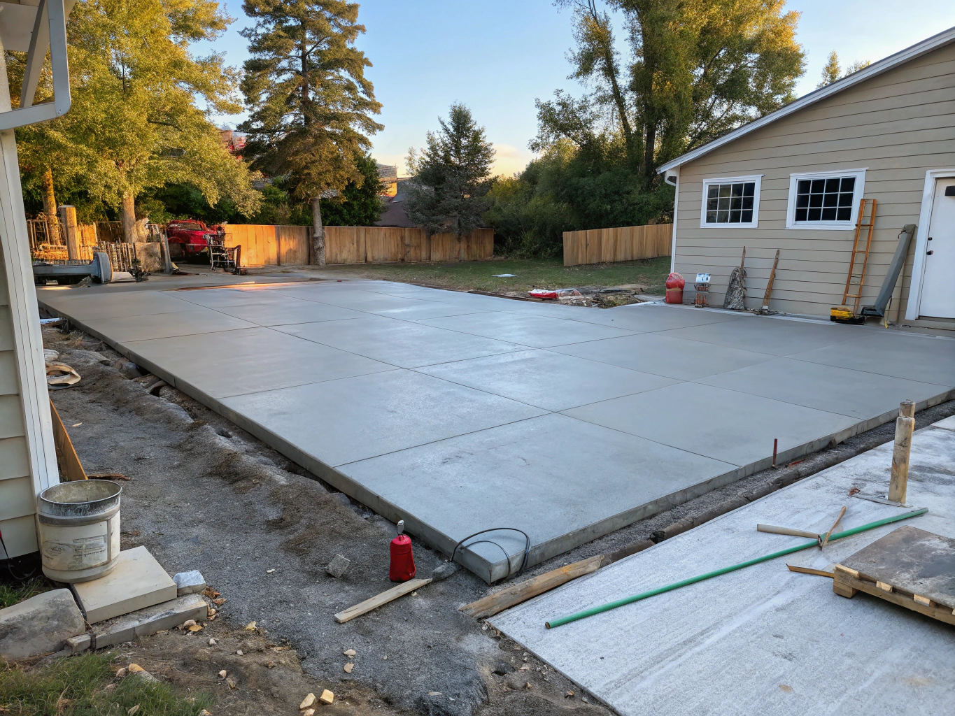 Freshly poured concrete garage slab