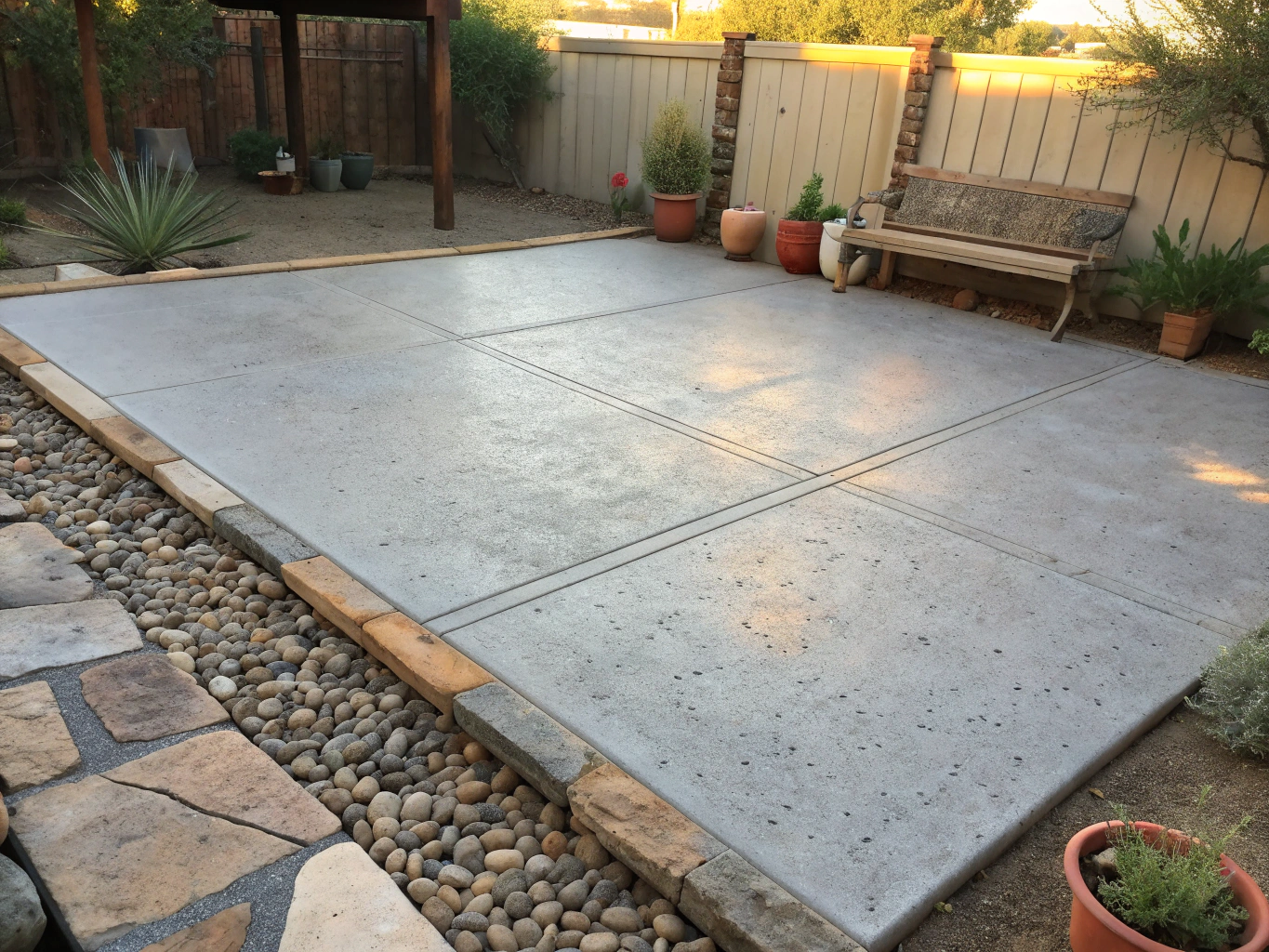 Modern concrete patio in a backyard setting
