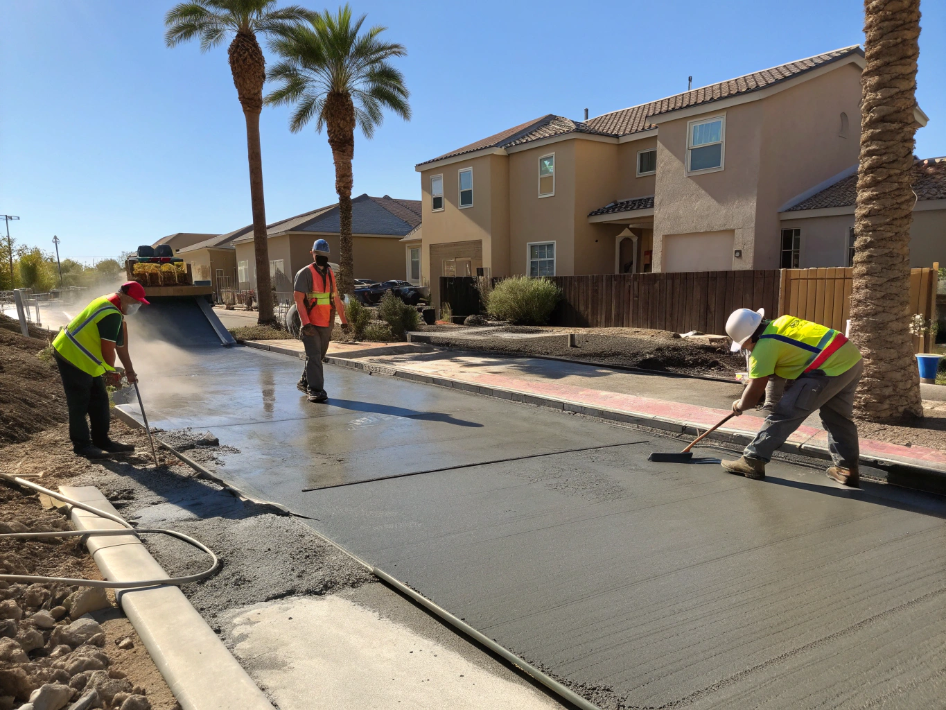 Close up of wet concrete being smoothed during a professional pour