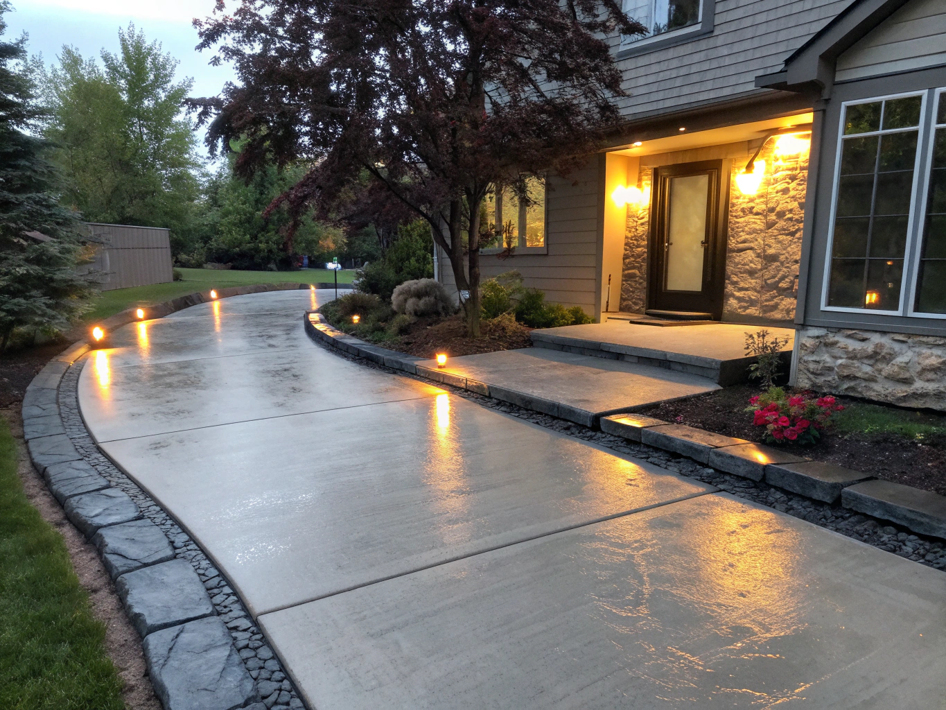 Decorative concrete walkway leading to a home